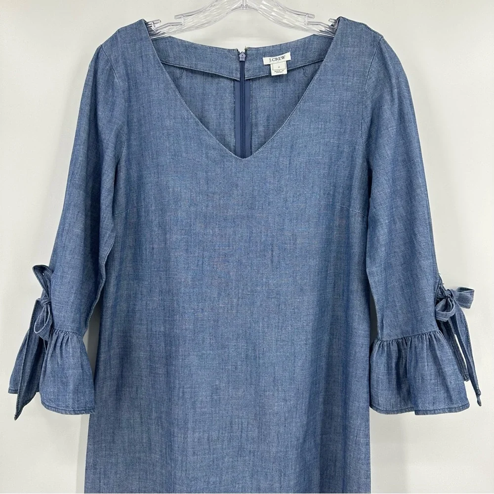 J. Crew Chambray Denim Dress Ruffle Tie-sleeve V-neck Cotton Blue Size 2